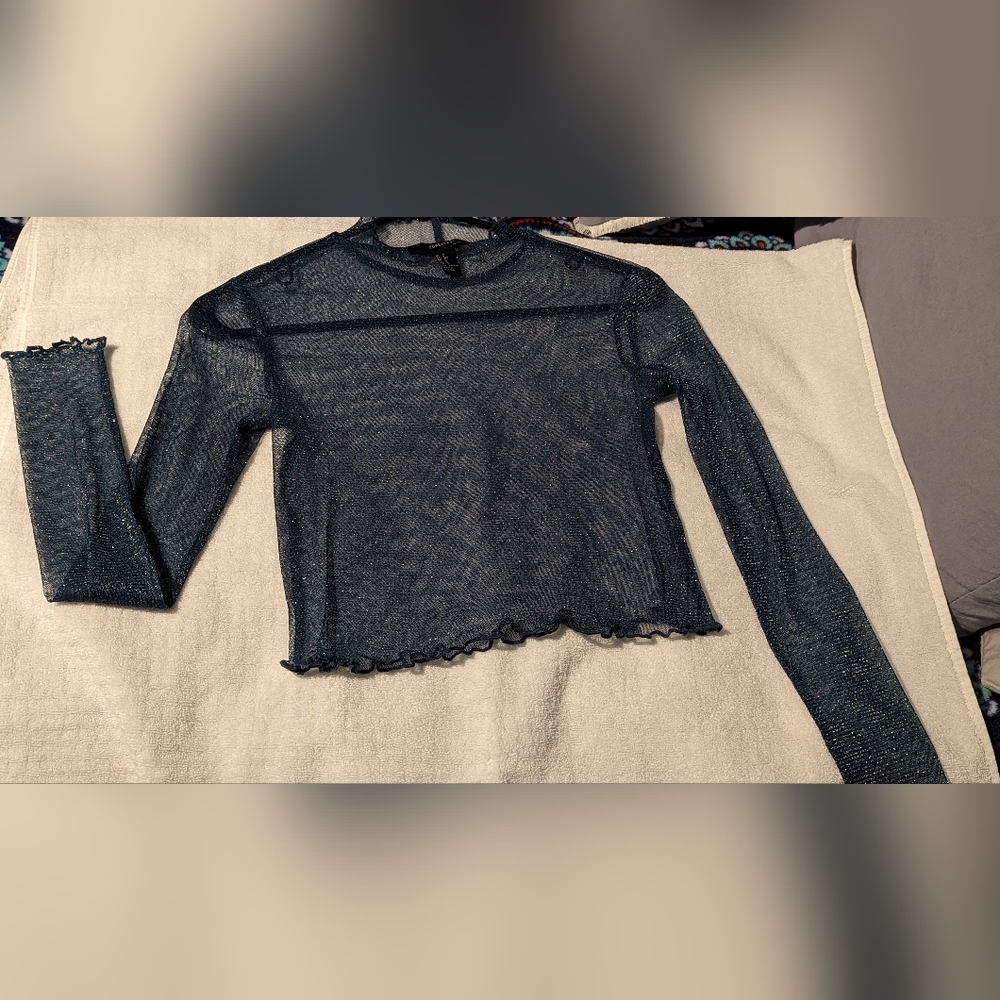 Forever 21 sheer & sparkly teal crop top long sleeves size small